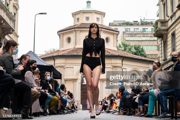 Model walks the runway at the Marco Rambaldi fashion show during the Milan Women's Fashion Week on September 25, 2020 in Milan, Italy.