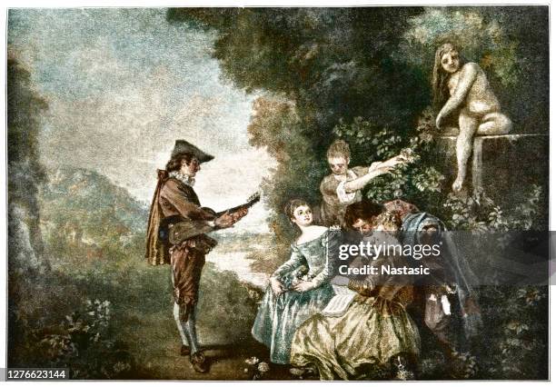 the love lesson by jean-antoine watteau - 18th century - french landscape stock illustrations