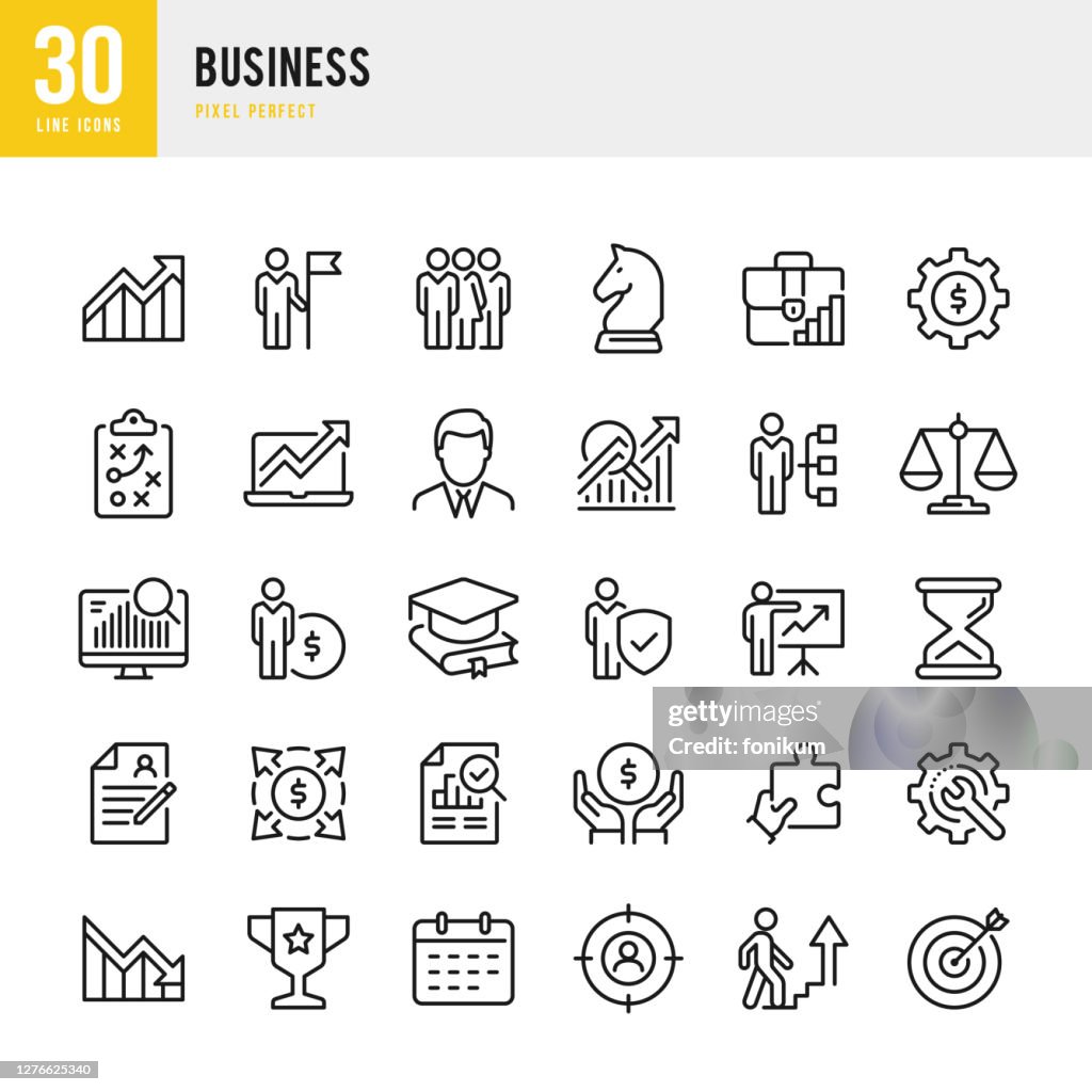 BUSINESS - set di icone vettoriali a linea sottile. Pixel perfetto. Il set contiene icone: Strategia aziendale, Lavoro di squadra, Leadership, Gruppo di persone, Carriera, Rapporto finanziario.