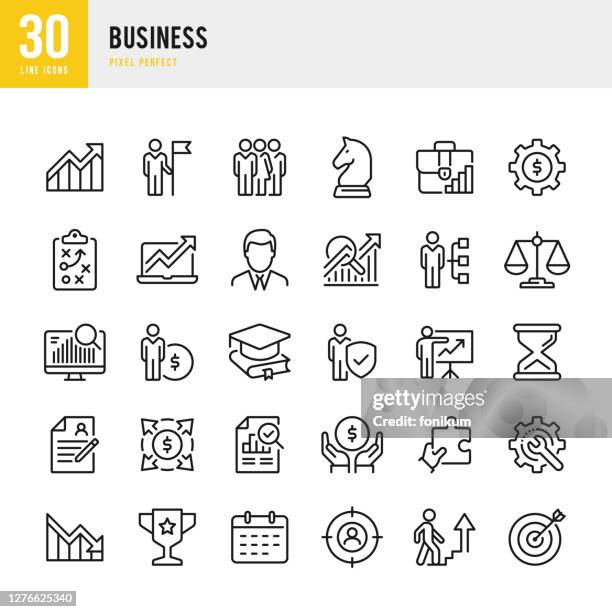 business - thin line vector icon set. pixel perfect. the set contains icons: business strategy, teamwork, leadership, group of people, career, financial report. - employee award stock illustrations