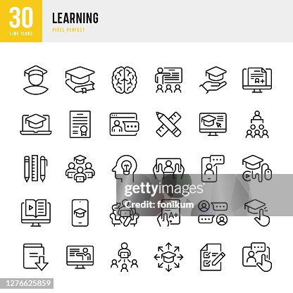 LEARNING - Dünnlinien-Vektor-Symbol gesetzt. Pixel perfekt. Das Set enthält Symbole: E-Learning, Educational Exam, Student, Home Schooling, Brain, Download Book, Portfolio, Certificate, Graduation. LEARNING - Dünnlinien-Vektor-Symbol gesetzt. Pixel perfekt. Das Set enthält Symbole: E-Learning, Educational Exam, Student, Home Schooling, Brain, Download Book, Portfolio, Certificate, Graduation.