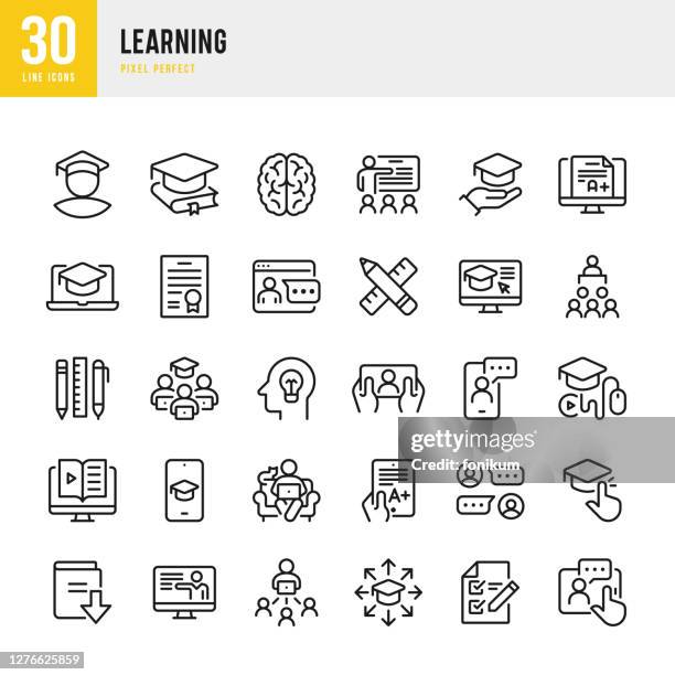 ilustraciones, imágenes clip art, dibujos animados e iconos de stock de aprendizaje - conjunto de iconos vectoriales de línea delgada. pixel perfecto. el conjunto contiene iconos: e-learning, examen educativo, estudiante, escuela en casa, cerebro, libro de descargas, cartera, certificado, graduación. - educación on line