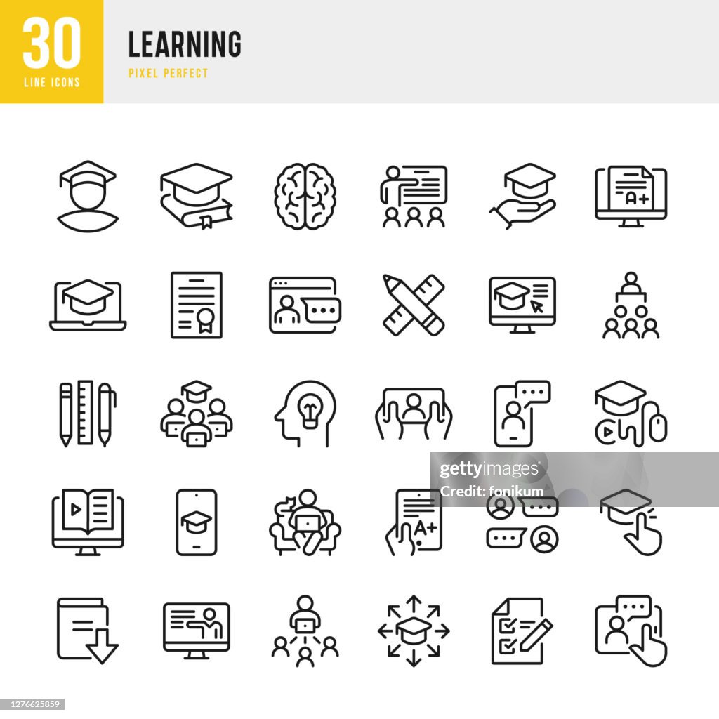 APRENDIZADO - conjunto de ícones vetoriais de linha fina. Pixel perfeito. O conjunto contém ícones: E-Learning, Exame Educacional, Estudante, Educação Domiciliar, Cérebro, Livro de Download, Carteira, Certificado, Graduação.