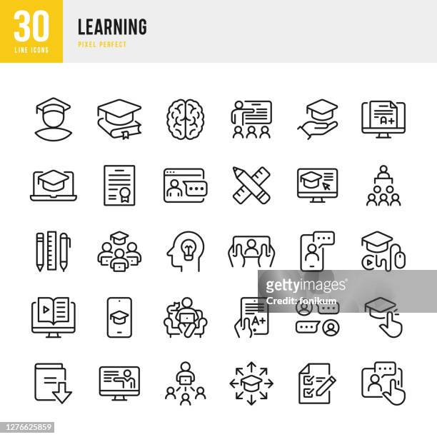 learning - thin line vector icon set. pixel perfect. the set contains icons: e-learning, educational exam, student, home schooling, brain, download book, portfolio, certificate, graduation. - education stock illustrations