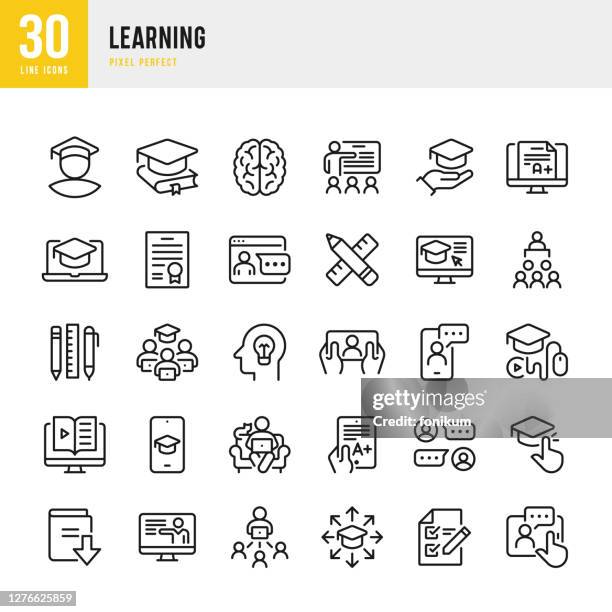 學習 - 細線向量圖示集。圖元完美。該集包含圖示: 電子學習, 教育考試, 學生, 家庭學校教育, 大腦, 下載書, 投資組合, 證書, 畢業. - 技能 幅插畫檔、美工圖案、卡通及圖標