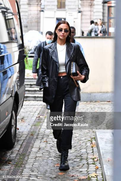 Irina Shayk is seen arriving at the Boss fashion show during the Milan Women's Fashion Week on September 25, 2020 in Milan, Italy.