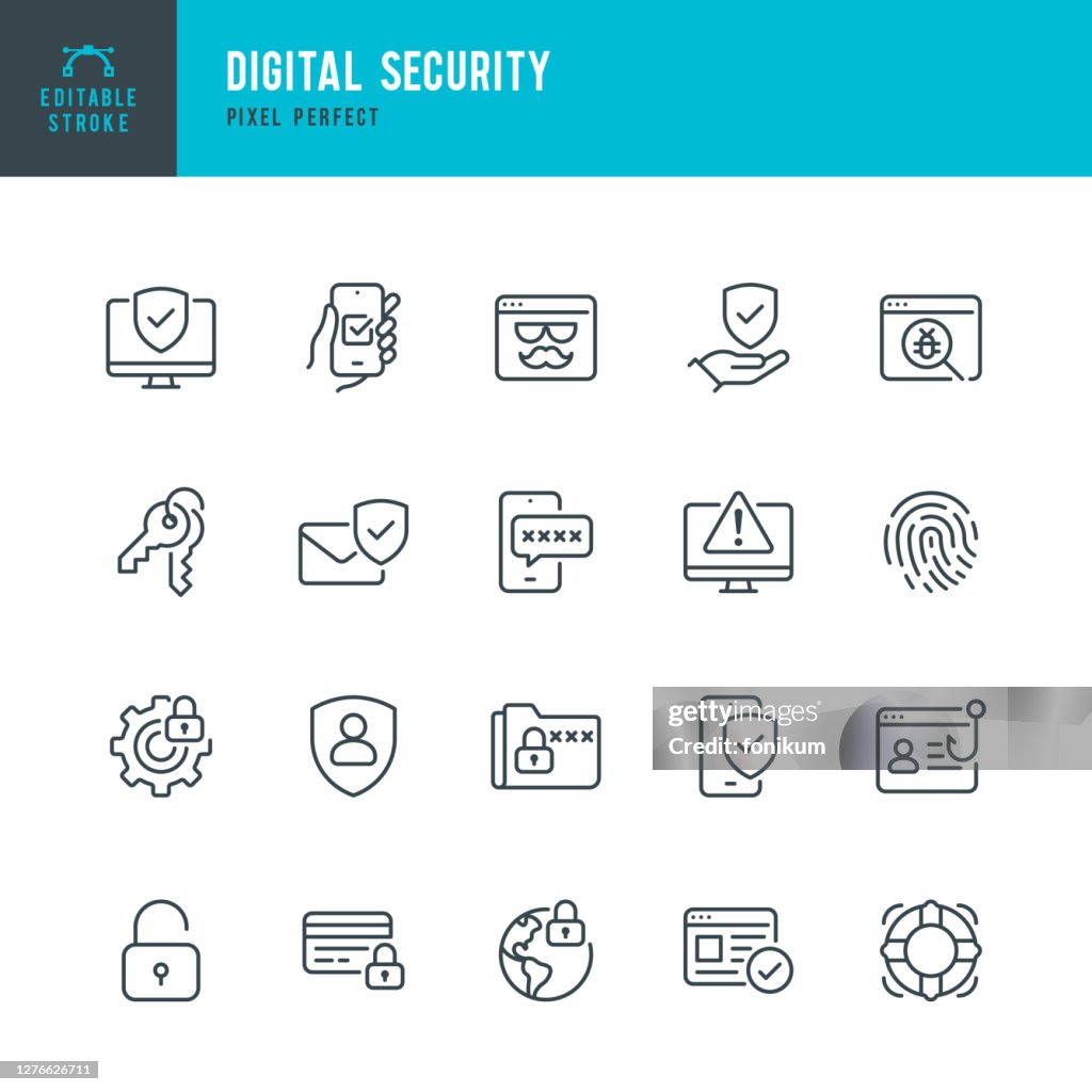 Digitale Sicherheit - Dünnlinien-Vektor-Symbol-Set. Pixel perfekt. Bearbeitbarer Strich. Das Set enthält Symbole: Sicherheitssystem, Antivirus, Datenschutz, Fingerabdruck, Webseite, Passwort, Support.