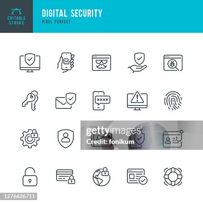 Seguridad digital - conjunto de iconos vectoriales de línea delgada. Pixel perfecto. Trazo editable. El conjunto contiene iconos: Sistema de seguridad, Antivirus, Privacidad, Huella digital, Página Web, Contraseña, Soporte. Seguridad digital - conjunto de iconos vectoriales de línea delgada. Pixel perfecto. Trazo editable. El conjunto contiene iconos: Sistema de seguridad, Antivirus, Privacidad, Huella digital, Página Web, Contraseña, Soporte.
