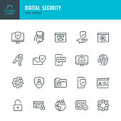 Digital Security - thin line vector icon set. Pixel perfect. Editable stroke. The set contains icons: Security System, Antivirus, Privacy, Fingerprint, Web Page, Password, Support.