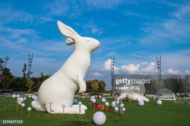 Inflated rabbits are on display in front of a shopping mall to mark the upcoming Mid-Autumn Festival on September 24, 2020 in Shenyang, Liaoning...