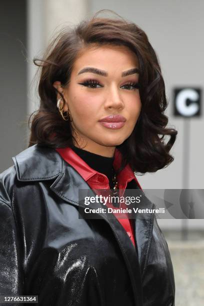 Shirin David is seen arriving at the Boss fashion show during the Milan Women's Fashion Week on September 25, 2020 in Milan, Italy.