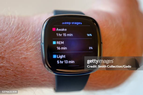 Sleep tracking functions on Fitbit Sense health tracking smart watch wearable device, San Ramon, California, September 22, 2020.