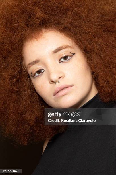 Model is seen backstage at the Francesca Liberatore fashion show during the Milan Women's Fashion Week on September 25, 2020 in Milan, Italy.