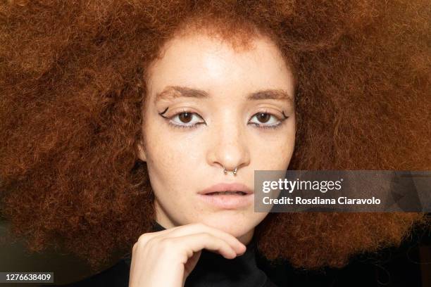 Model is seen backstage at the Francesca Liberatore fashion show during the Milan Women's Fashion Week on September 25, 2020 in Milan, Italy.