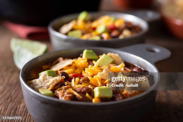 chicken taco soup - chicken black bean soup stock pictures, royalty-free photos & images
