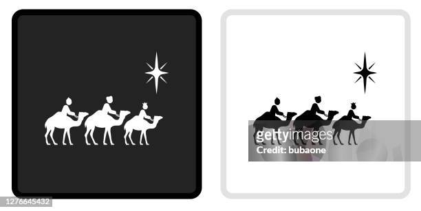 ilustrações, clipart, desenhos animados e ícones de três homens sábios ícone no botão preto com capotamento branco - three wise men