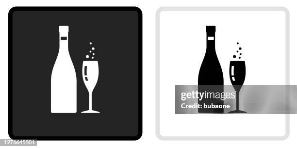 champagne bottle & glass icon on black button with white rollover - flute stock illustrations