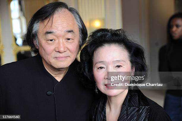 Yoon Jung-Hee pose with her Husband Kun-woo Paik after she receives the medal "Chevalier des Arts et lettres" at Ministere de la Culture on April 5,...