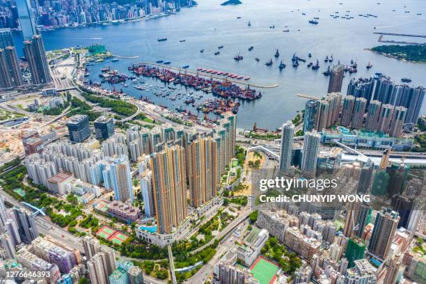 kowloon from an aerial perspective, hongkong, china - mong kok imagens e fotografias de stock