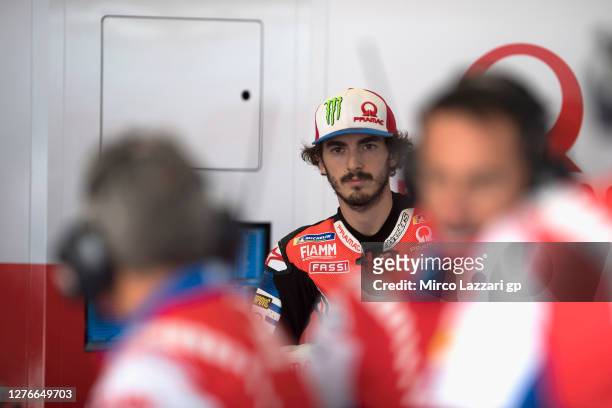 Francesco Bagnaia of Italy and Pramac Racing looks on in box during the free practice of the MotoGP of Catalunya at Circuit de Barcelona-Catalunya on...