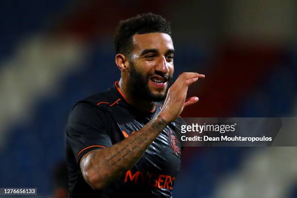 Connor Goldson of Rangers celebrates scoring his teams fourth goal of the game during the UEFA Europa League third qualifying round match between...