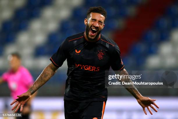 Connor Goldson of Rangers celebrates scoring his teams fourth goal of the game during the UEFA Europa League third qualifying round match between...