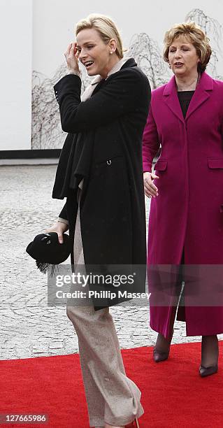 President of Ireland Mary McAleese and Charlene Wittstock attend the state visit of H.S.H. Prince Albert at Aras an Uachtarain on April 4, 2011 in...