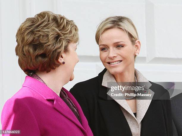 President of Ireland Mary McAleese, Charlene Wittstock and Martin McAleese attend the Aras an Uachtarain on the first day of the state visit by...