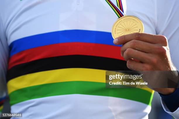 Podium / Filippo Ganna of Italy Gold medal World Champion Jersey / Celebration / Detail view / during the 93rd UCI Road World Championships 2020, Men...