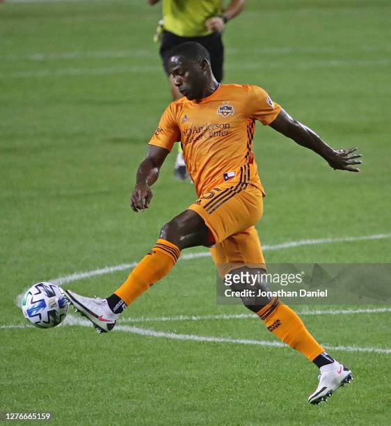 Maynor Figueroa of Houston Dynamo tries to control a pass against the Chicago Fire FC at Soldier Field on September 23, 2020 in Chicago, Illinois.
