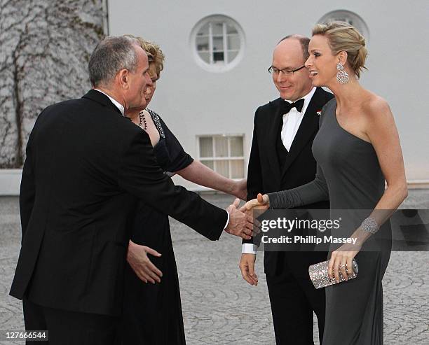 Martin McAleese and Irish President Mary McAleese greet Charlene Wittstock and His Serene Highness, Prince Albert II Of Monaco at a State Dinner at...