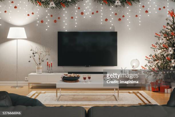 kerst woonkamer - salon tv stockfoto's en -beelden