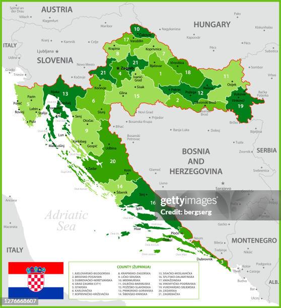 map of croatia. political map with regions, national flag, geographical borders of montenegro, hungary, slovenia, serbia and italy - adriatic sea stock illustrations