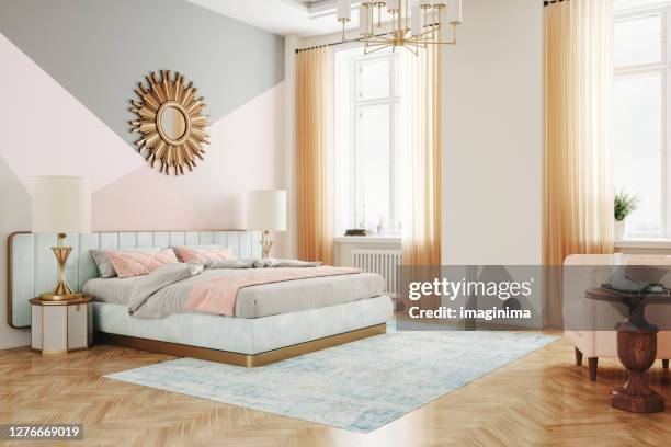 retro stijl slaapkamer interieur - bedroom stockfoto's en -beelden