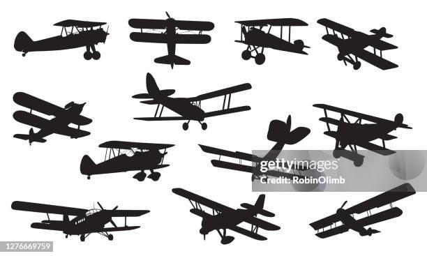 ilustraciones, imágenes clip art, dibujos animados e iconos de stock de biplane silhouettes - avión privado