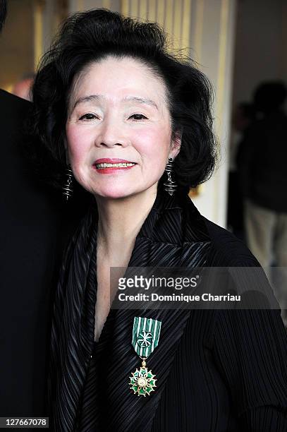 Yoon Jung-Hee poses after she receives the medal "Chevalier des Arts et lettres" at Ministere de la Culture on April 5, 2011 in Paris, France.
