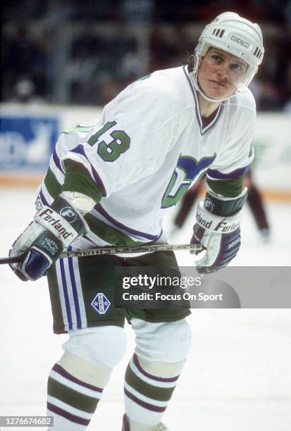 Geoff Sanderson of the Hartford Whalers looks on during an NHL Hockey game circa 1991 at the Hartford Civic Center in Hartford, Connecticut....