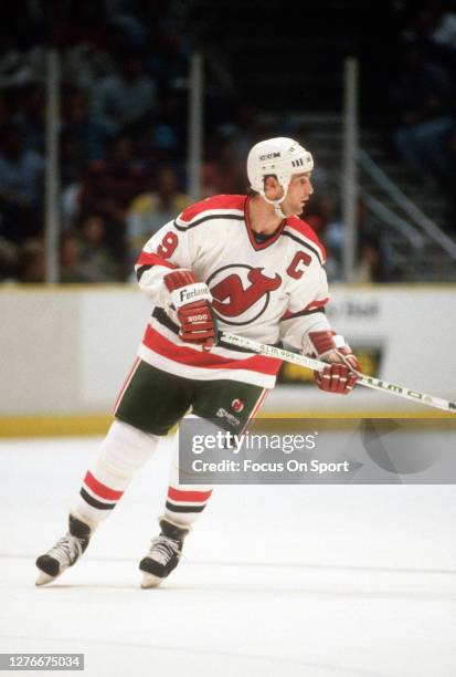 Kirk Muller of the New Jersey Devils skates during an NHL Hockey game circa 1988 at the Brendan Byrne Arena in East Rutherford, New Jersey. Muller's...