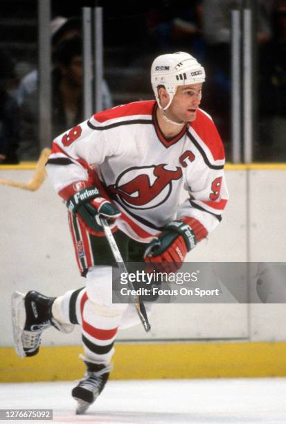 Kirk Muller of the New Jersey Devils skates during an NHL Hockey game circa 1986 at the Brendan Byrne Arena in East Rutherford, New Jersey. Muller's...