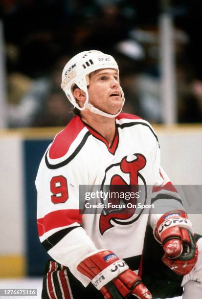 Kirk Muller of the New Jersey Devils looks on during an NHL Hockey game circa 1986 at the Brendan Byrne Arena in East Rutherford, New Jersey....