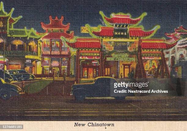 Vintage illustrated linen postcard published in 1940 from series depicting Los Angeles Souvenir Views, here a view of the new neon - lit Chinatown in...