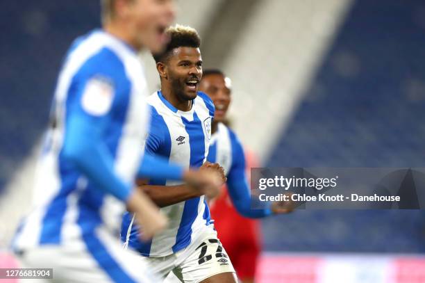 Fraizer Campbell of Huddersfield Town celebrates scoring his teams first goal during the Sky Bet Championship match between Huddersfield Town and...