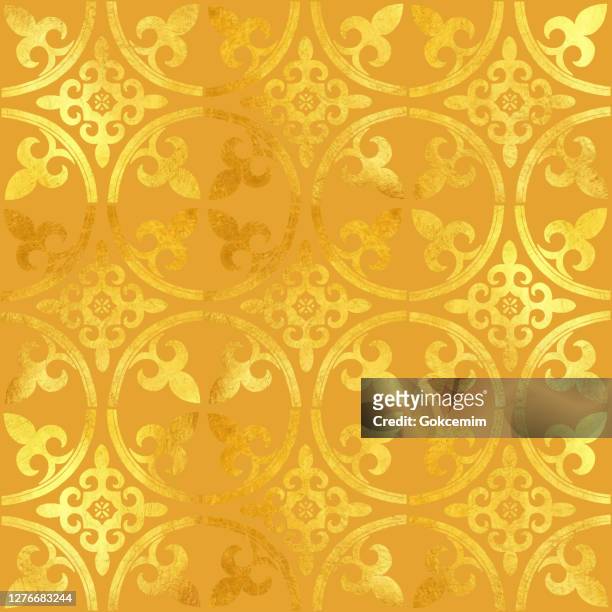 gold foil hand painted metallic tile. seamless arabic style pattern. vector tile pattern, lisbon arabic floral mosaic, mediterranean seamless gold colored ornament. - moroccan tile stock illustrations