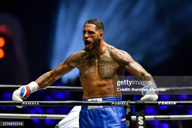 Tony Yoka of France reacts after winning an international heavyweight boxing match in the first round against Johann Duhaupas of France at La Defense...