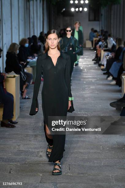 Nicole Poturalski walks the runway at the HugoBoss fashion show during the Milan Women's Fashion Week on September 25, 2020 in Milan, Italy.