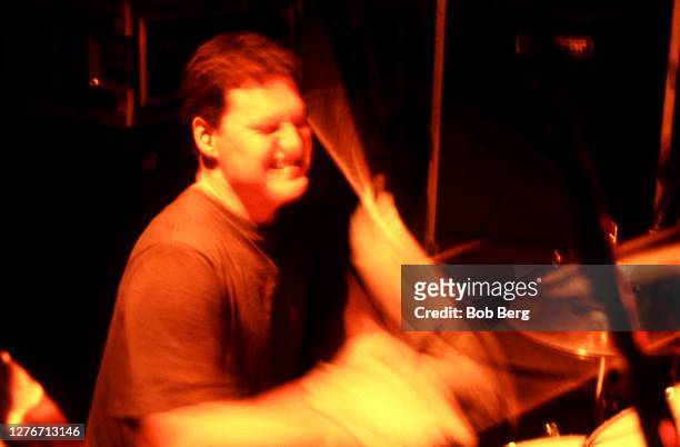 Drummer Johnny Fay of the Canadian rock group The Tragically Hip plays on stage during a concert circa February, 1992 in New York, New York.