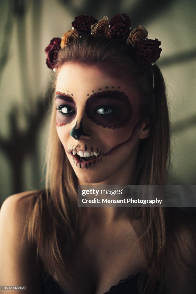 Witch Girl With Fancy Makeup A Halloween Holiday High-Res Stock Photo -  Getty Images