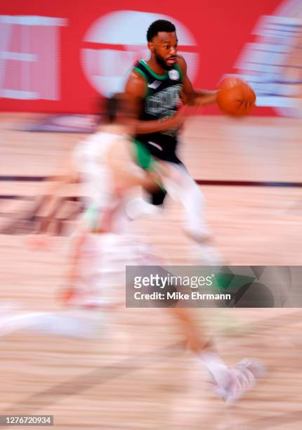 Kemba Walker of the Boston Celtics drives the ball during the fourth quarter against the Miami Heat in Game Five of the Eastern Conference Finals...