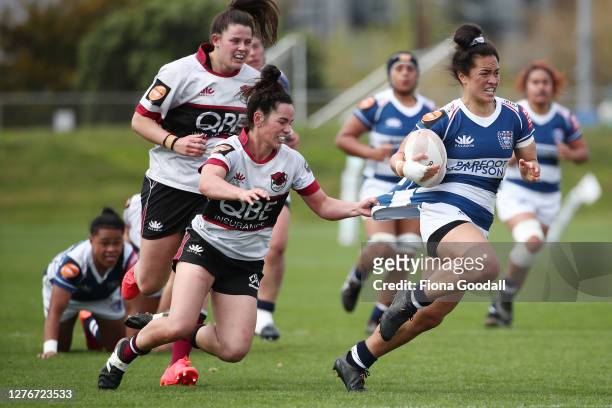 Hayley Utanma of North Harbour tackles Theresa Fitzpatrick of Auckland during the round 4 Farah Palmer Cup match between North Harbour and Auckland...