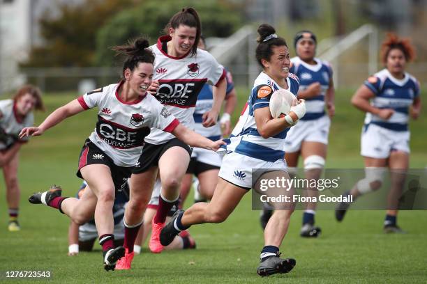 Hayley Utanma of North Harbour tackles Theresa Fitzpatrick of Auckland during the round 4 Farah Palmer Cup match between North Harbour and Auckland...